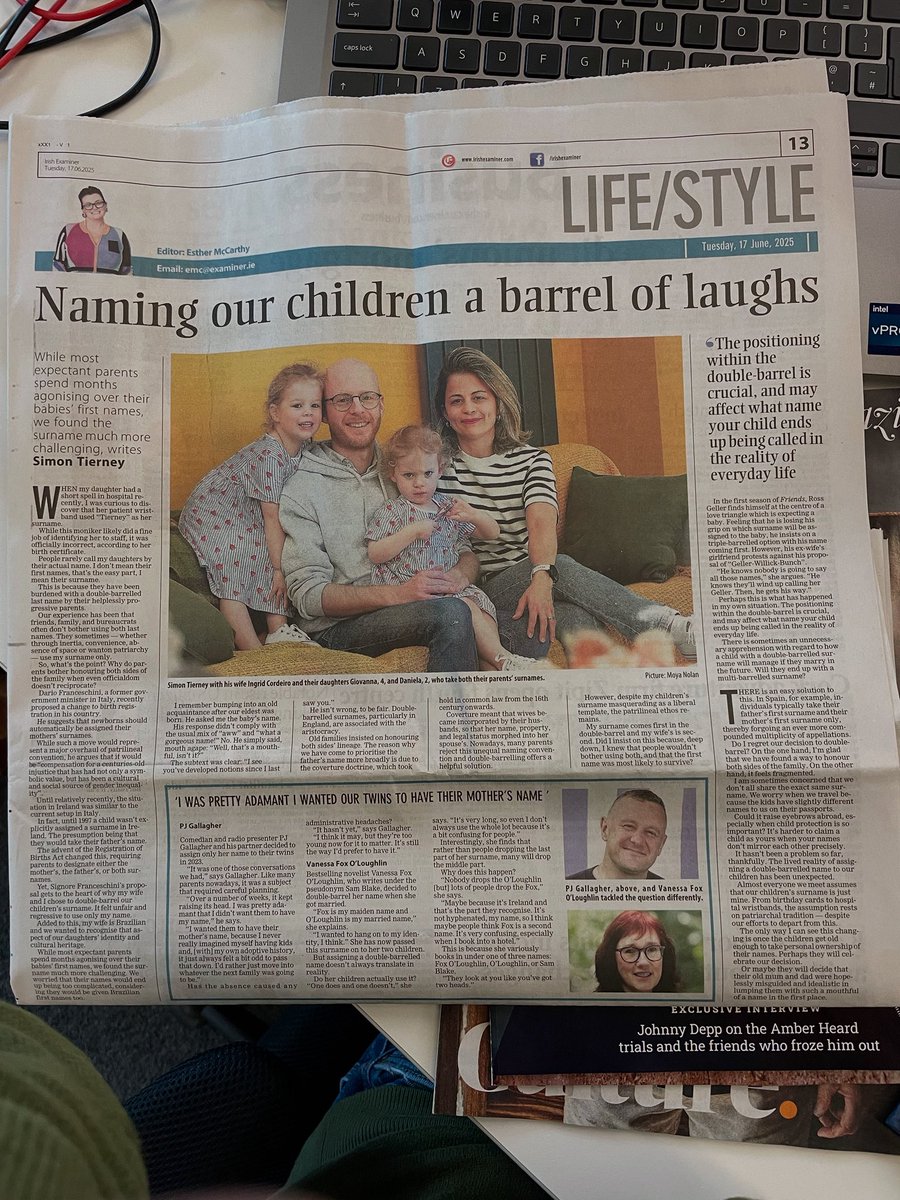 I wrote about whether or not you should confer both the dad’s and mum’s surnames on your kids in the Irish Examiner…Is double-barrelled the way to go? 

irishexaminer.com/lifestyle/peop…
