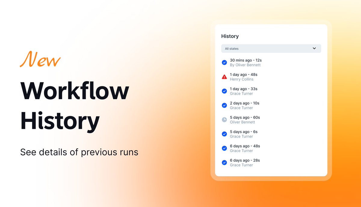 Workflow History is here 👏

It’s easy to lose track of what ran when. Especially when you’re running a lot of workflows.

That’s why we added Workflow History to Atlas.
See every run.
Know the status.
And check how long it took.

No more digging for answers 🔍