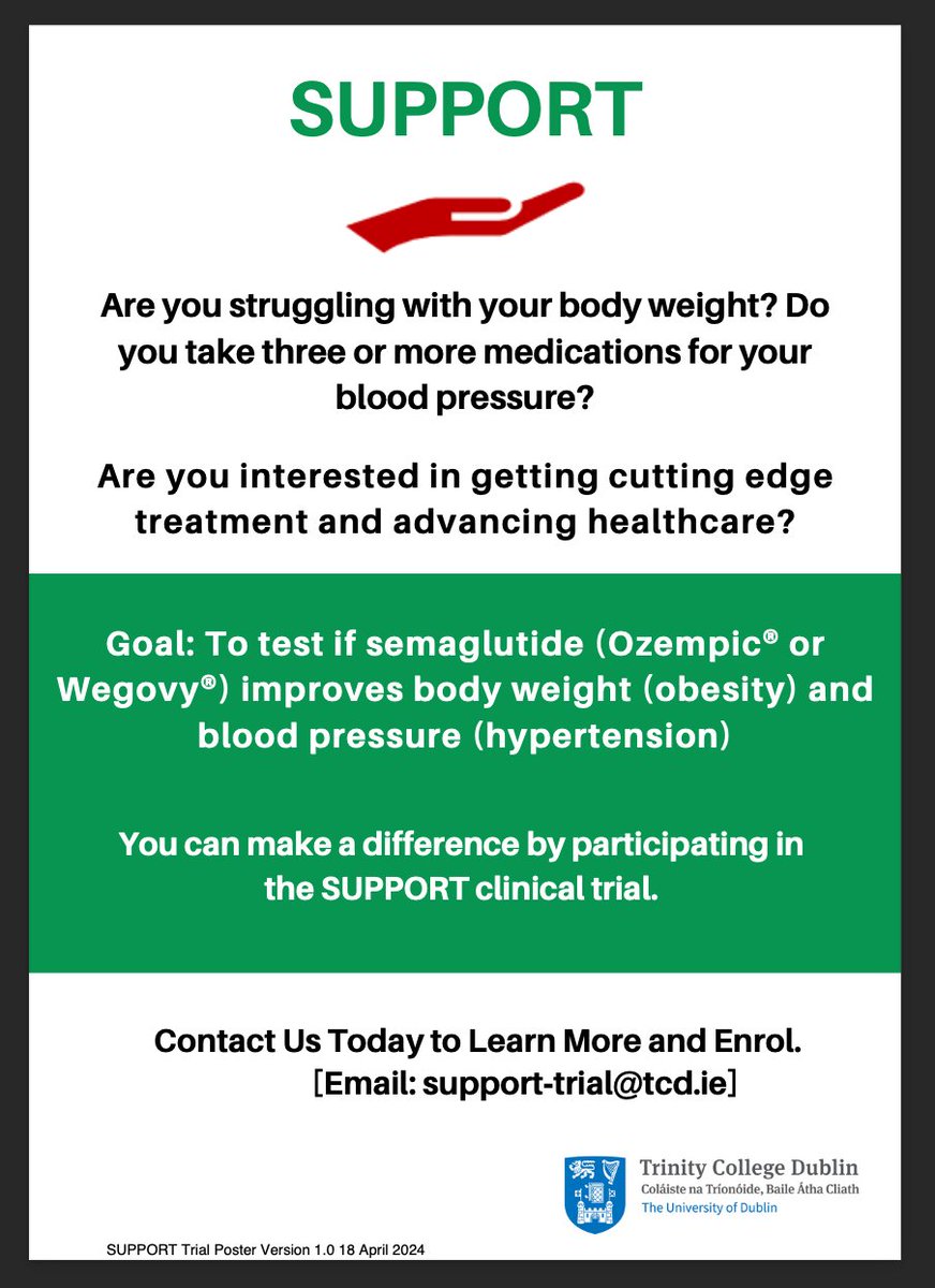 TrinityMed1's tweet image. 📢 Opportunity to participate in the #SUPPORTTrial to test if semaglutide (Ozempic® or Wegovy®) improves body weight (obesity) & blood pressure (hypertension). 📚Find out more about the eligibility criteria & study scope at: tinyurl.com/22y8aek2