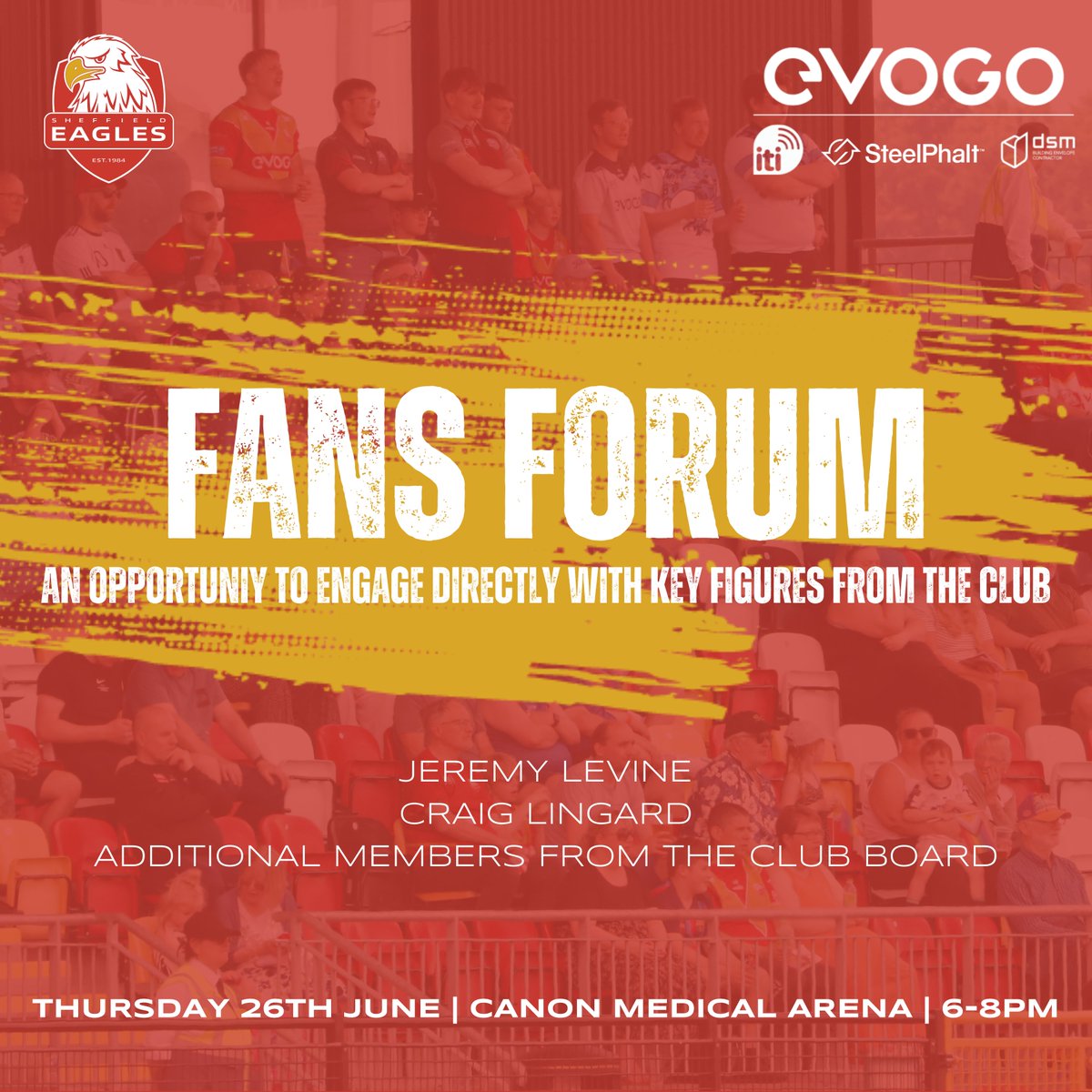 Sheffield Eagles (@sheffieldeagles) on Twitter photo ✉️ Last Chance to Pre-Submit Your Questions!
Don’t miss your opportunity to submit questions ahead of our upcoming Fan’s Forum at the Canon Medical Arena this Thursday evening, starting at 6pm.
Please send your questions to Bradley.Saxton@sheffieldeagles.com.
Book your ✉️ Last Chance to Pre-Submit Your Questions!
Don’t miss your opportunity to submit questions ahead of our upcoming Fan’s Forum at the Canon Medical Arena this Thursday evening, starting at 6pm.
Please send your questions to Bradley.Saxton@sheffieldeagles.com.
Book your