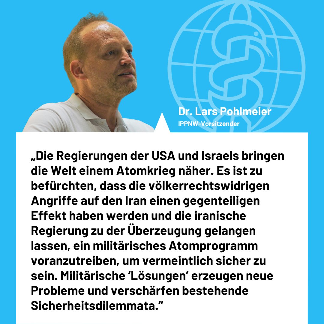 IPPNWgermany's tweet image. Wir verurteilten die Militärschläge von #USA und #Israel gegen den #Iran und fordern sofortigen Waffenstillstand, um eine weitere Eskalation zu verhindern. Der Angriff atomarer Anlagen birgt zudem die Gefahr einer nuklearen Verseuchung: ippnw.de/presse