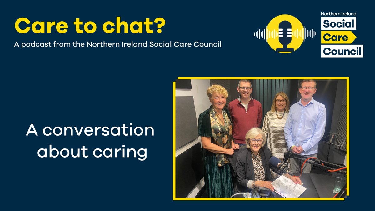 Available now, stream the latest ‘Care to chat’ podcast episode, ‘A conversation about caring’ hosted by Dr Wendy Austin MBE

Listen here &gt;&gt; niscc.info/new-podcast-ep…

#Yes2SocialWork #Podcast #Caretochat