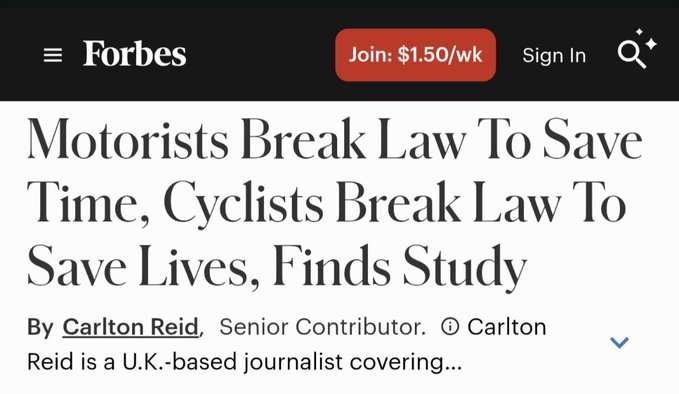 Motorists break the law to save time, cyclists break the law to save their life.

Anyone who uses a bicycle for transportation understands this to be true. You're not out there riding for a near-death experience, you're just getting from one place to another.