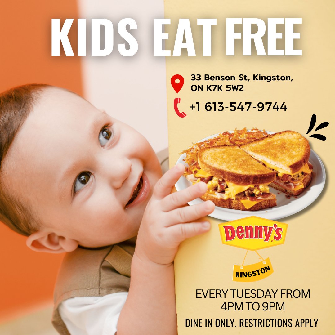 DennysBensonSt's tweet photo. Kids Eat FREE every Tuesday at Denny's Kingston! 🎉 Bring your little ones and enjoy a family-friendly dining experience from 4 PM to 9 PM. Dine-in only—restrictions apply.

📍 Visit us: 33 Benson St, Kingston, ON K7K 5W2
📞 Call: 613-547-9744

#DennysKingston #KidsEatFree https://t.co/vr4PWAAbZA
