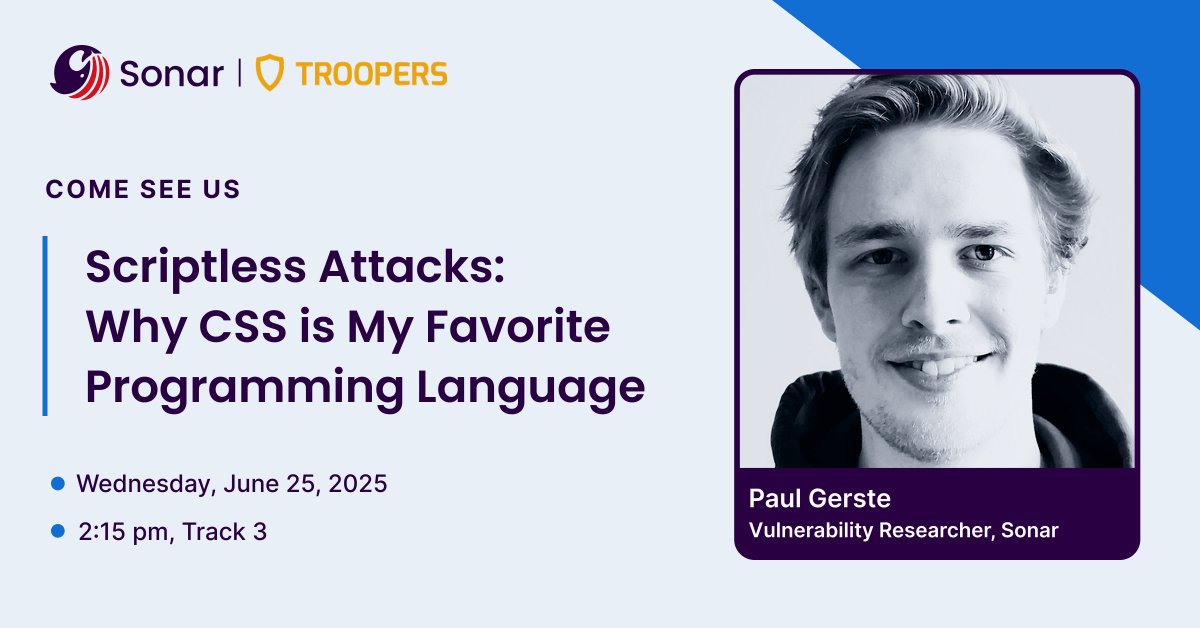 Coming to #TROOPERS25 this week? We'll be there too, presenting our research!

🎨 Scriptless Attacks: Why CSS is My Favorite Programming Language

<a href="/pspaul95/">pspaul</a> will convince you why CSS should not be overlooked in client-side web attacks and what is possible without JavaScript today