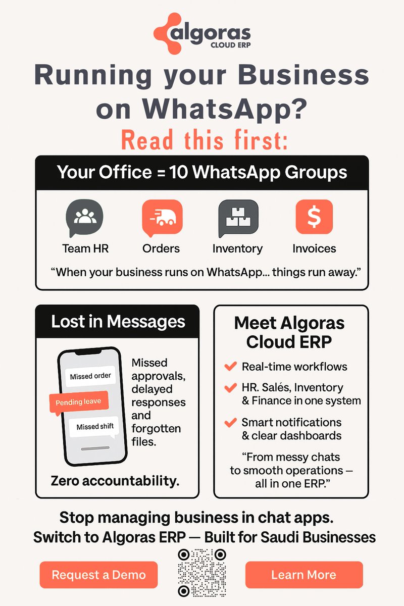 algorasclouderp's tweet image. Still running your #business on sticky notes and #WhatsApp?
In 2025, that’s not smart — it’s risky.
Get a system that keeps your team aligned and scales with you.
 Learn more at algoras.com.