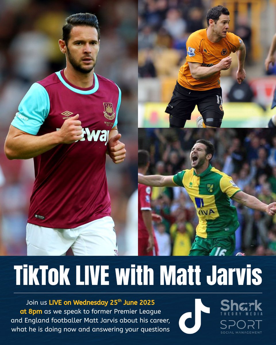 SportSocialMgt's tweet image. We'll be speaking 𝗟𝗜𝗩𝗘 to @MrMattJarvis on TikTok this Wednesday from 8pm - and we want you to submit your questions to us via X
🔗| tiktok.com/@matt_jarvis_o…
🔗| tiktok.com/@sharktheoryme…
@TheGillsFC @Wolves @WestHam @NorwichCityFC @WFCOfficial @wokingfc @England