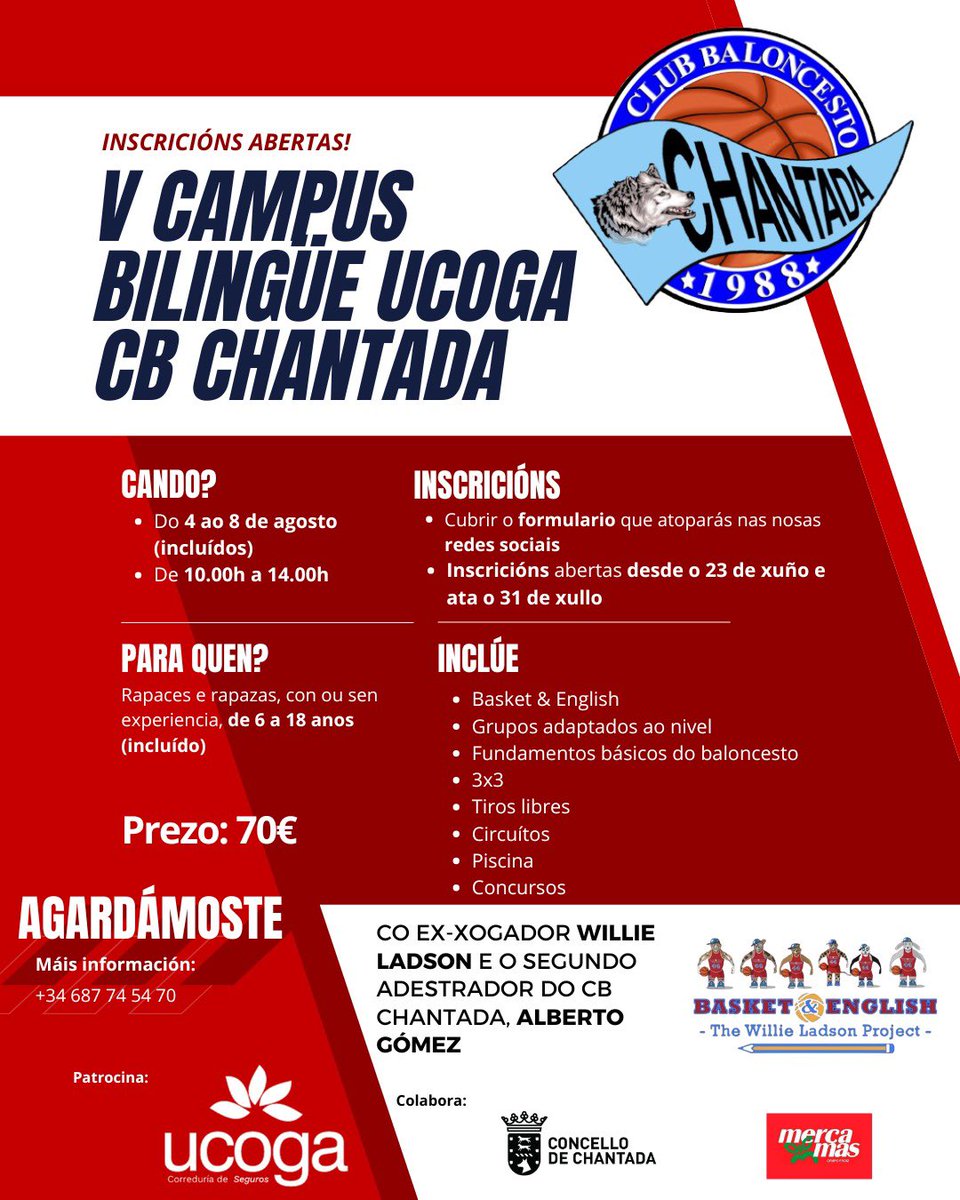 Ucoga Seguros CB Chantada (@ucogacbchantada) on Twitter photo 🏀 Aberto o prazo para o V Campus Bilingüe UCOGA CB Chantada!
📅 4-8 agosto | ⏰ 10h-14h
👧👦 De 6 a 18 anos
💶 70€ | Basket, inglés, piscina concursos… e máis!
📍 Con Willie Ladson e Alberto Gómez
🔗 Inscricións: forms.gle/3xsGb52nPNE5n3…
#CBChantada <a href="/ChantadaConcell/">Chantada Concello</a> 🏀 Aberto o prazo para o V Campus Bilingüe UCOGA CB Chantada!
📅 4-8 agosto | ⏰ 10h-14h
👧👦 De 6 a 18 anos
💶 70€ | Basket, inglés, piscina concursos… e máis!
📍 Con Willie Ladson e Alberto Gómez
🔗 Inscricións: forms.gle/3xsGb52nPNE5n3…
#CBChantada <a href="/ChantadaConcell/">Chantada Concello</a>