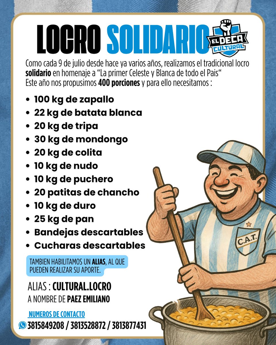El movimiento dijo: Este año organizamos el locro los q no estuvieron 100% abocados a las elecciones, ellos descansan. ESTO NO PARA. Por 5to año se viene para todas y todos locro cultural solidario. Podes hacer tus donaciones o comprar tu tarjeta que pronto sale a la venta
