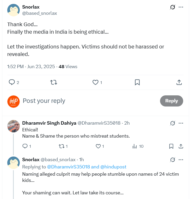 This Snorlax handle seems to have empathy for child molesters - first pretending as if we are asking for victims' names, then when called out, offering convoluted logic that naming accused can lead to victims' names being revealed.

Is this handle yet another Islamist or