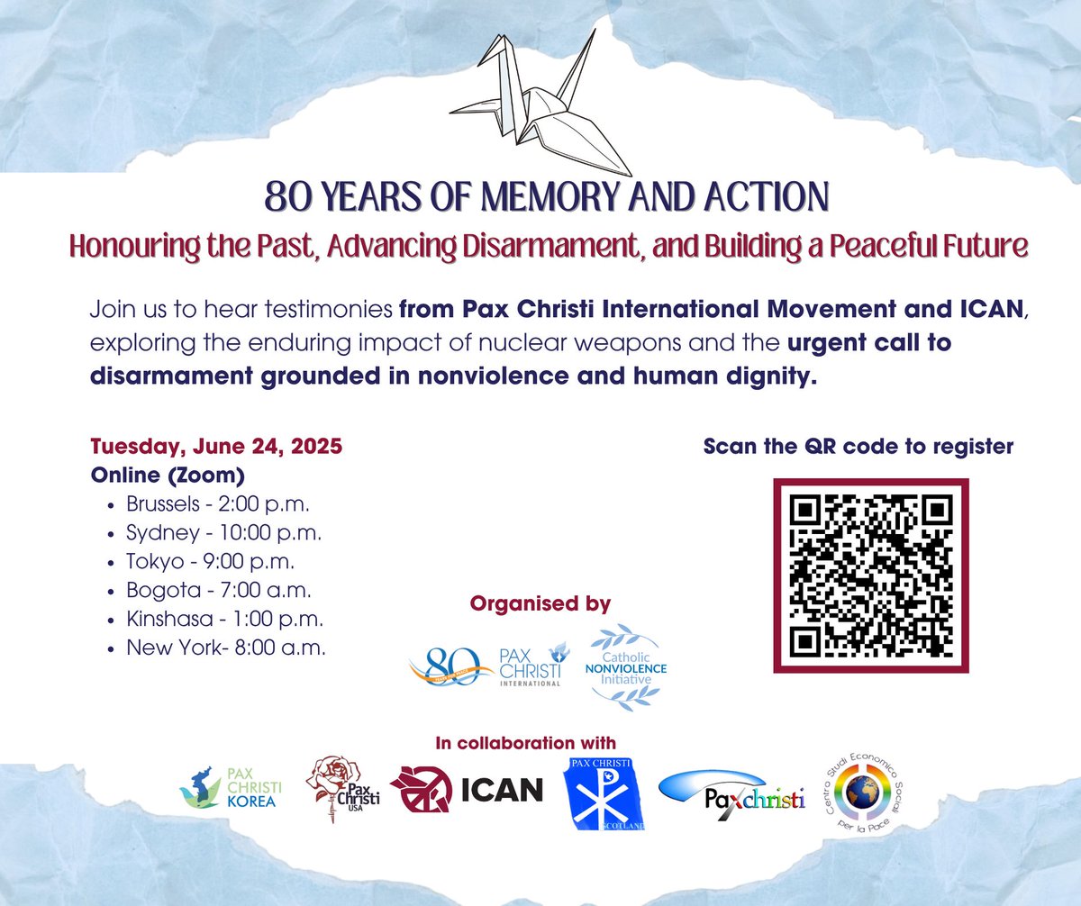 Last day to register for our webinar marking 80 years since the bombings of Hiroshima and Nagasaki.
Time to remember, reflect and renew our commitment to building a more just, peaceful, and nuclear-free world.
🔗 Register: bit.ly/PCI24JuneMore
More: paxchristi.net/80-years-of-me…