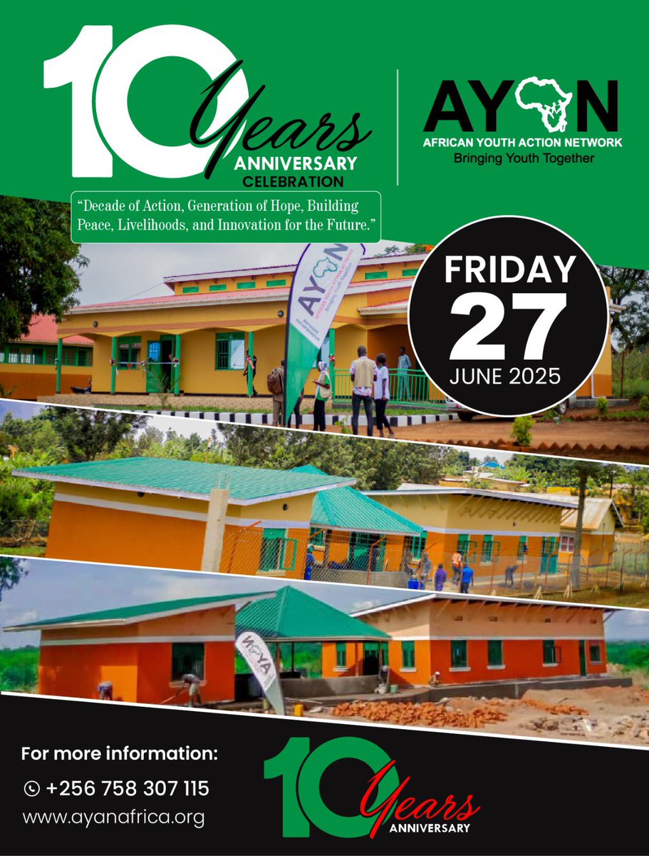 ayan_africa's tweet photo. HAPPENING THIS FRIDAY, JUNE 27TH🔥

#AYAN@10 — Celebrating a DECADE of ACTION, HOPE &amp; INNOVATION for youth across Africa 🌍

From refugee camps to policy tables, we’re BUILDING the future. 💪🏽

https://t.co/HoYv8xzuuN | ☎️ +256 758 307 115
#YouthVoices #AfricanYouth #10YearsStrong https://t.co/eMFImAEOiJ