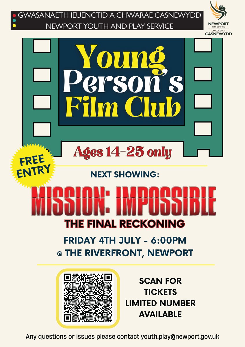 The Youth &amp; Play Service are excited to invite young people aged 14-25 to a free screening of the latest Mission: Impossible film as part of our Young Person’s Cinema Club initiative!
Fri 4th July, 6pm film. The Riverfront, Newport
Tickets: FREE 

eventbrite.co.uk/e/young-people…