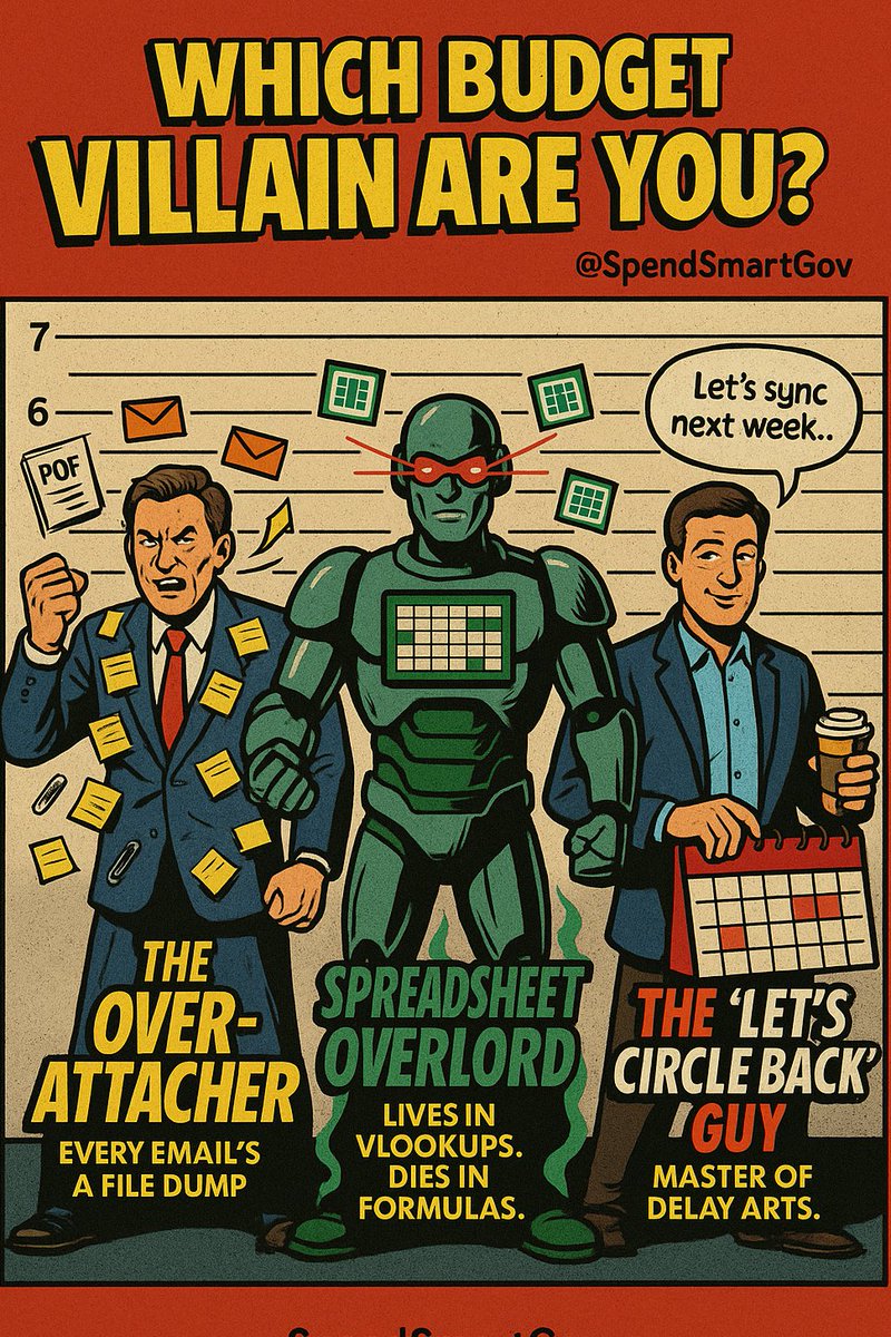 SpendSmartGov's tweet image. “Which Budget Villain Are You?” ​
- The Over-Attacher ​
- The Spreadsheet Overlord ​
- The “Let’s Circle Back” Guy ​
Drop your villain name 👇​
#GovMemes #BudgetVillains #SpendSmartGov