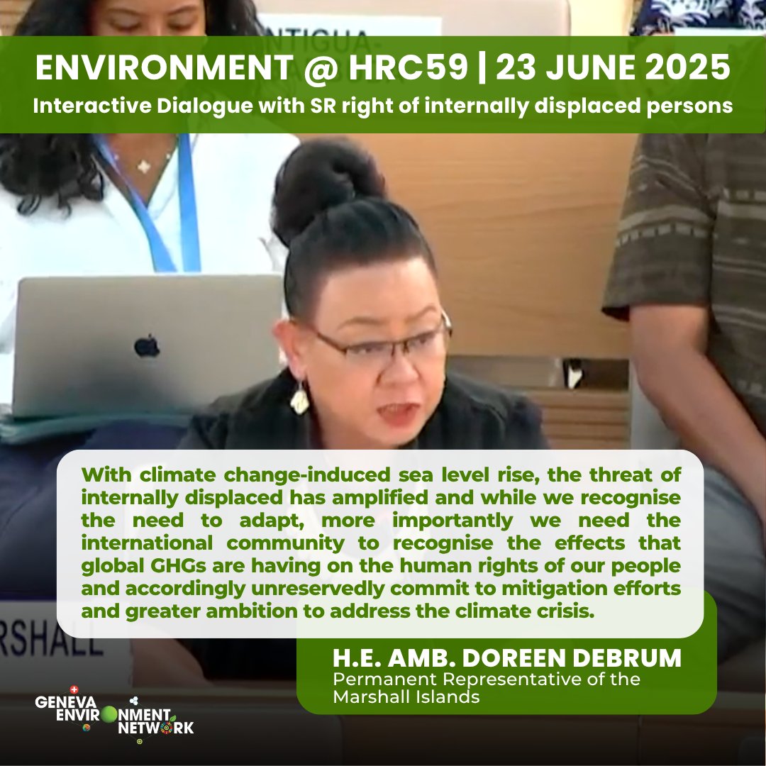 GENeva Environment Network (@genetwork) on Twitter photo <a href="/PaulaGaviriaB/">Paula Gaviria</a> <a href="/UN_SPExperts/">UN Special Procedures</a> <a href="/UN_HRC/">UN Human Rights Council</a> <a href="/RMIGeneva/">Marshall Islands Permanent Mission in Geneva</a> H.E Amb. Doreen Debrum of the Marshall Islands highlighted how the climate crisis is amplifying displacement risks.
Rising seas are not a distant threat but a present-day driver of rights violations, calling for urgent, ambitious global mitigation. #IDPs #HRC59 <a href="/PaulaGaviriaB/">Paula Gaviria</a> <a href="/UN_SPExperts/">UN Special Procedures</a> <a href="/UN_HRC/">UN Human Rights Council</a> <a href="/RMIGeneva/">Marshall Islands Permanent Mission in Geneva</a> H.E Amb. Doreen Debrum of the Marshall Islands highlighted how the climate crisis is amplifying displacement risks.
Rising seas are not a distant threat but a present-day driver of rights violations, calling for urgent, ambitious global mitigation. #IDPs #HRC59