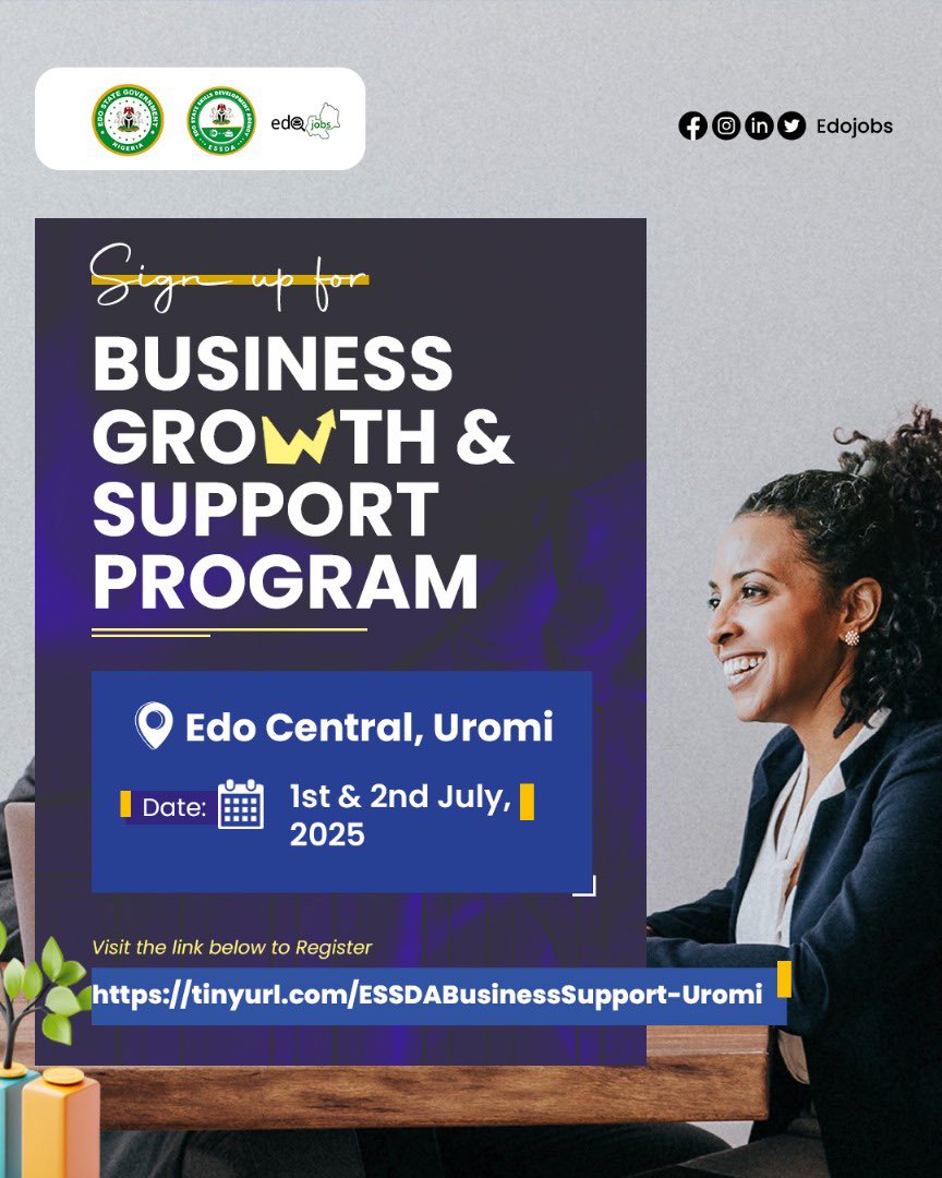 A 2-day intensive workshop designed for aspiring entrepreneurs, start-up founders, and small business owners ready to take their ventures to the next level!

Location: Uromi (Edo Central)
10:00 AM

Register here 👇 tinyurl.com/ESSDABusinessS…

#edojobs2025 
#workshopalert
#Training