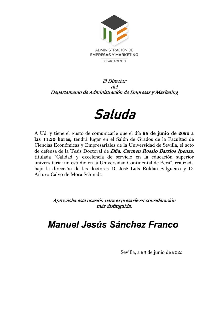 PD Gestión Estratégica y Negocios Internacionales (@pdgeni) on Twitter photo Defensa de tesis doctoral: 📅 25/06/2025 11:30 Salón de Actos <a href="/FceyeUs/">Facultad Económicas y Empresariales Univ. Sevilla</a>, <a href="/unisevilla/">Universidad de Sevilla</a> <a href="/PDGENI/">PD Gestión Estratégica y Negocios Internacionales</a> 
Rossio Barrios Ipenza presenta “Calidad y excelencia de servicio en la educación superior universitaria: estudio en la Universidad Continental de Perú”. <a href="/UContinental/">UContinental</a> Defensa de tesis doctoral: 📅 25/06/2025 11:30 Salón de Actos <a href="/FceyeUs/">Facultad Económicas y Empresariales Univ. Sevilla</a>, <a href="/unisevilla/">Universidad de Sevilla</a> <a href="/PDGENI/">PD Gestión Estratégica y Negocios Internacionales</a> 
Rossio Barrios Ipenza presenta “Calidad y excelencia de servicio en la educación superior universitaria: estudio en la Universidad Continental de Perú”. <a href="/UContinental/">UContinental</a>