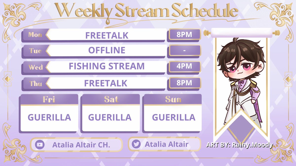 AtaliaAltair's tweet photo. 【WEEKLY SCHEDULE】  
Setelah sekian lama kita up skedul

General : #ataliaaltair
Fanart : #ataliart
Live : #atalilive
Meme : #atallain
Art:@rainy_m00dy https://t.co/L9YwHJc3Pn