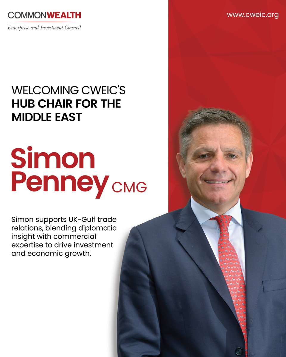 Simon Penney CMG joins CWEIC as the Hub Chair for the Middle East, bringing over two decades of experience strengthening UK-Gulf trade. He continues to drive investment and diplomatic collaboration across the region.

#CWEIC #StaffAnnouncement