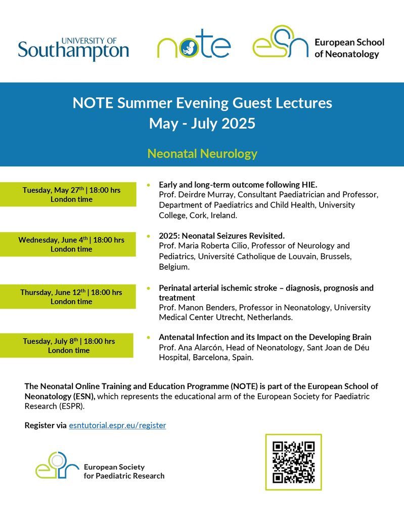 ESPR_ESN's tweet image. 🧠 Don't miss the final ESPR #NOTE #Neonatology Summer Evening Guest Lecture!
📅 Tuesday, July 8th | 18:00 London time
🎙 Prof. Ana Alarcón Allen, ESPR Vice President (Barcelona)
🗣 Antenatal Infection and its Impact on the Developing Brain
🔗Register now: esntutorial.espr.eu/register