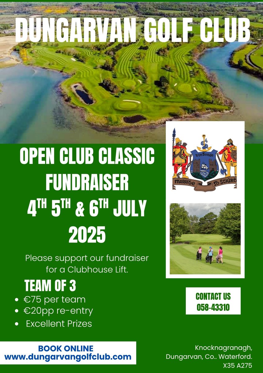 We hope you can visit us and support our important Open Club Classic Fundraiser taking place 4th, 5th and 6th July. All funds raised will go towards the installation of a much needed clubhouse lift.
visitors.brsgolf.com/dungarvan#/ope…