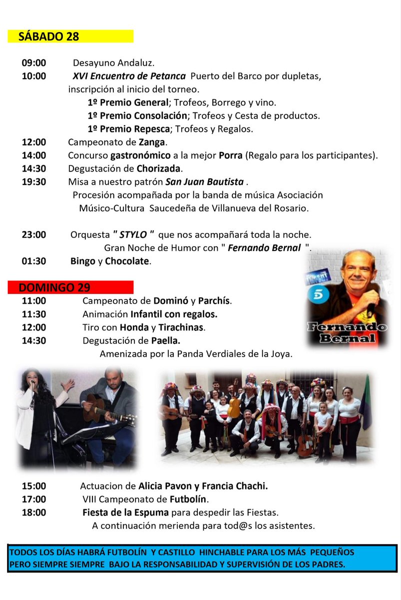 🎉💃🏻🥘 Fiestas de San Juan Bautista en el Puerto del Barco

📆 Días 27, 28 y 29 #junio
Amplia programación para disfrutar de juegos, ocio, música en directo y convivencia 

👉🏽Consulta en imagen 

Seguimos trabajando por los vecinos y las tradiciones de nuestras pedanías