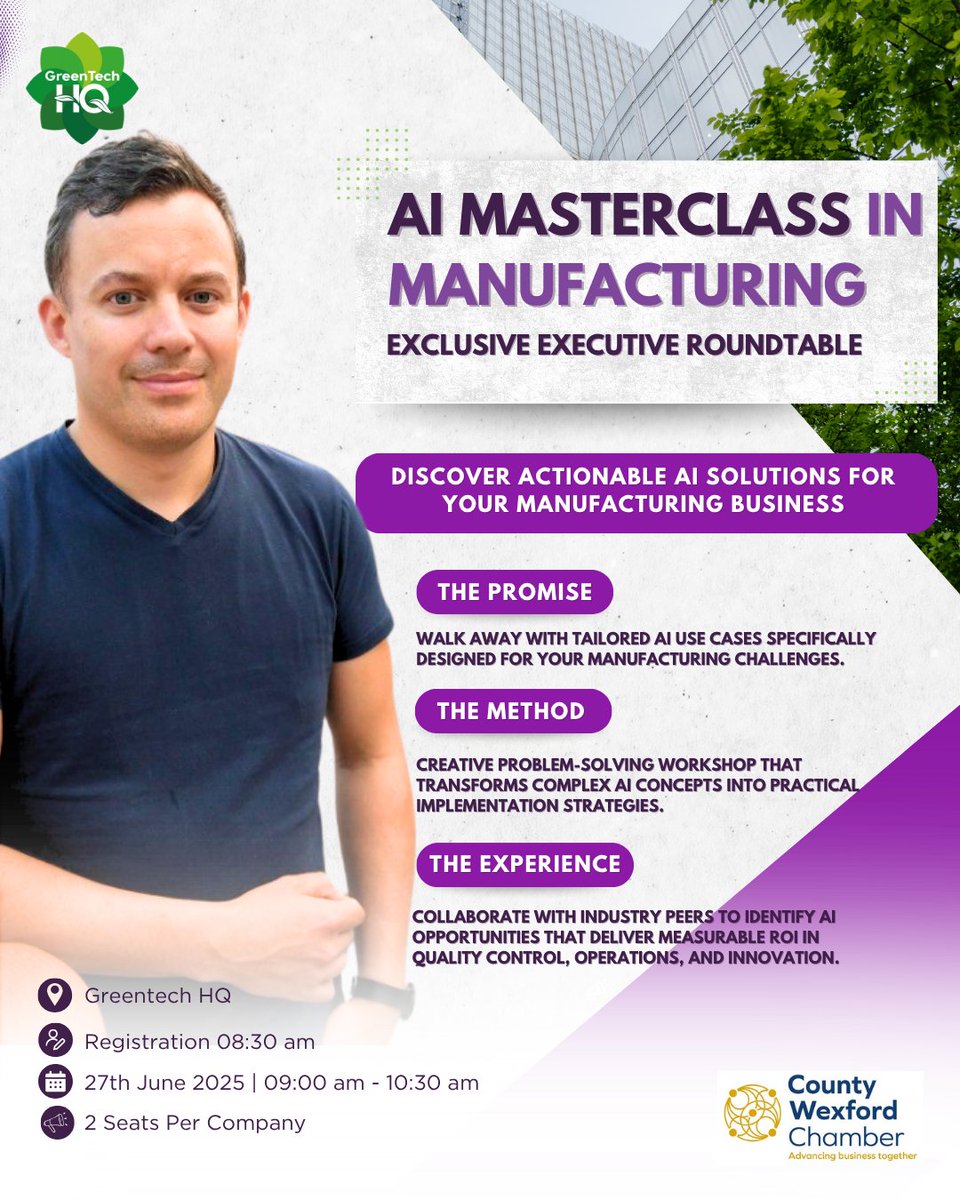 Irish Manufacturers: Gain the AI Edge Before Your Competitors Do.
🔧 AI = 20–30% efficiency gains. This masterclass shows you how.
📍 June 27 | 9–10:30 AM | GreenTech HQ, Wexford
🎟 Limited seats — max 2 per company
🔗 Register: lnkd.in/dRNVqw5s
📞 +353 (0)86 191 4804