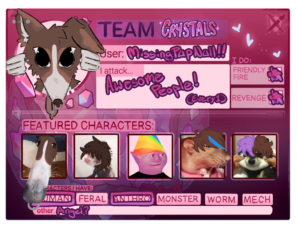 MissingPupNull's tweet photo. Haiiii, now that we're so close to art fight i've set up my lil team card :D
please go check out my profile which is linked in my carrd!!
𐂯𐂯𐂯𐂯𐂯𐂯𐂯𐂯𐂯𐂯𐂯
#artfight #artfight2025 #teamcrystal 
#digitalart #procreateart #MPN https://t.co/rEcZdykJiH