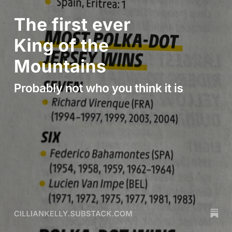 The polka-dot jersey celebrates 50 years in existence this summer.

The first ever King of the Mountains? Probably not who you think it is...

open.substack.com/pub/cilliankel…
