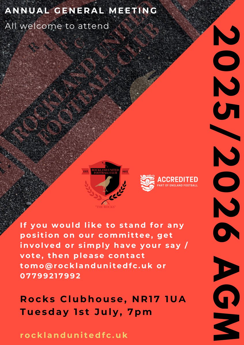 Our AGM is set for Tuesday 1st July at our clubhouse, all welcome to attend

rocklandunitedfc.uk

🔴🪨🪨⚫️