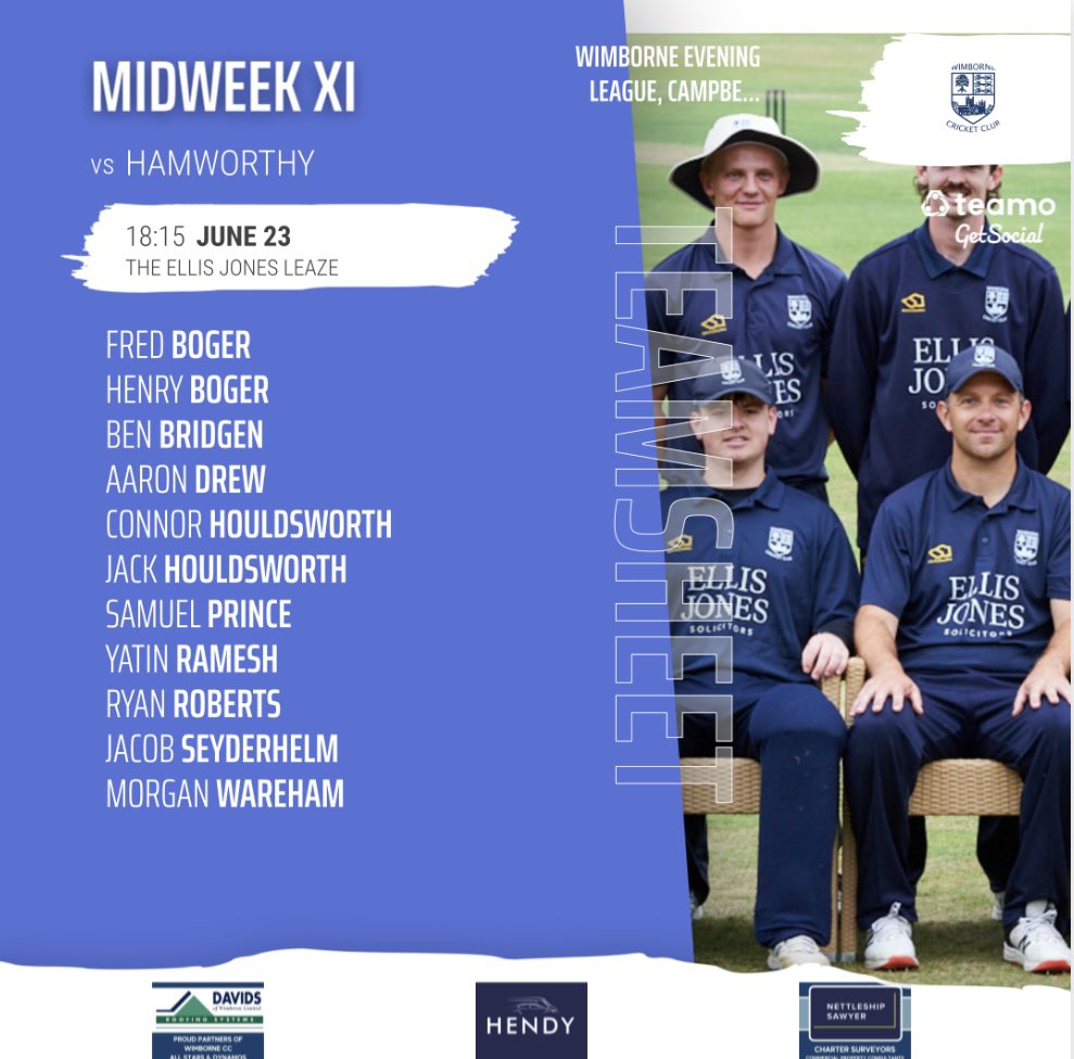 🙌 Team News! 🙌

👉 - Campbell cup semi-final 
✈️ - The Ellis Jones Leaze 
🕰️- 18:15 

#Wimbornecc #Uptheminstermen