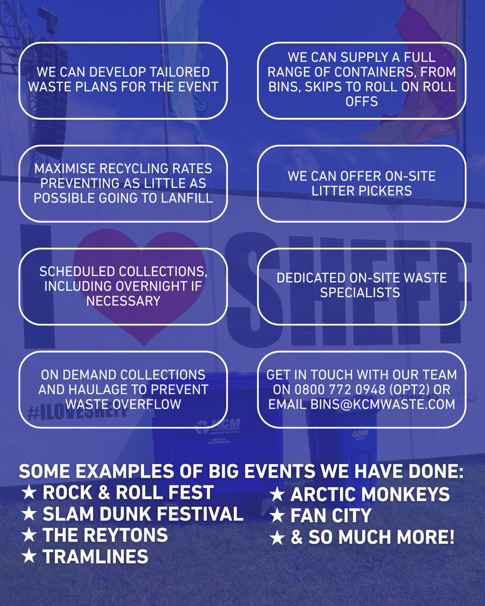 KCM Waste Management (@kcmwaste) on Twitter photo Planning a big event or a festival?🎶
Let us handle the clean-up so you can focus on the bigger things.
Partner with us for a seamless festival experience.
Get in touch to discuss your waste plan:
📱 0800 772 0948
📧 bins@kcmwaste.com
💻 kcmwaste.com
#Festival Planning a big event or a festival?🎶
Let us handle the clean-up so you can focus on the bigger things.
Partner with us for a seamless festival experience.
Get in touch to discuss your waste plan:
📱 0800 772 0948
📧 bins@kcmwaste.com
💻 kcmwaste.com
#Festival