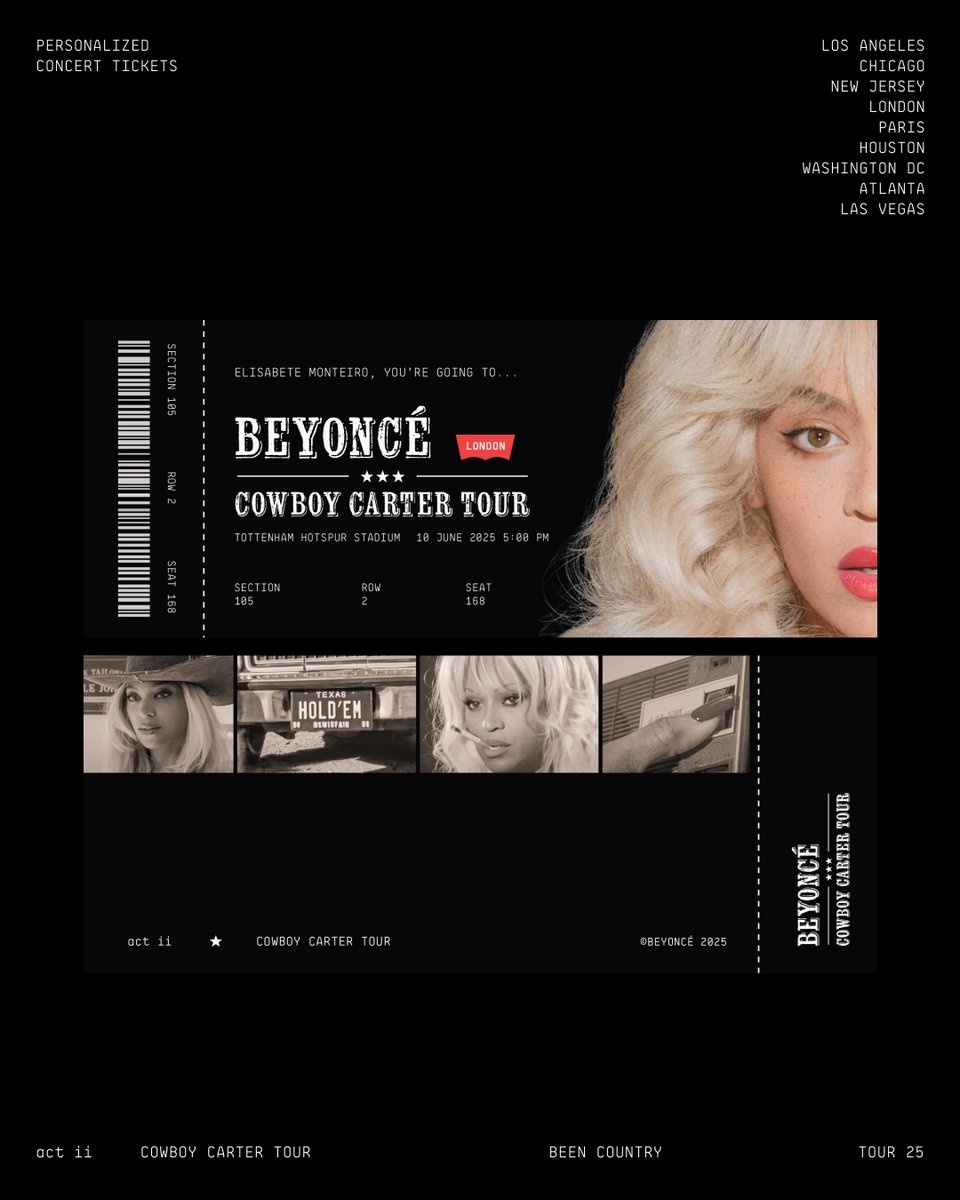 scilamonteiro's tweet image. Personalized concert tickets for the Beyoncé Cowboy Carter World Tour '25  
Designed to match Beyoncé’s new era 🎫  #customtickets #GraphicDesign #Beyonce #BeyonceLondon #Beyoncetickets #CowboyCarterTour #CowboyCarter #Design