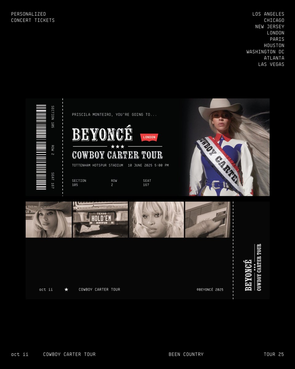scilamonteiro's tweet image. Personalized concert tickets for the Beyoncé Cowboy Carter World Tour '25  
Designed to match Beyoncé’s new era 🎫  #customtickets #GraphicDesign #Beyonce #BeyonceLondon #Beyoncetickets #CowboyCarterTour #CowboyCarter #Design