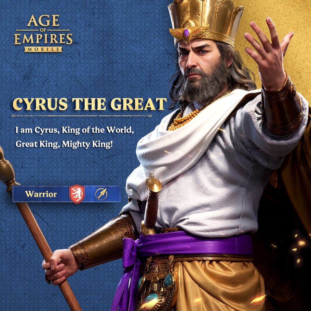 AOE_Mobile's tweet image. 🔍Circa 600 or 576 BCE - 530 BCE, founder of the Persian Empire and first king of the Achaemenid dynasty. Under his rule, Persia stretched from the Mediterranean to the Indus River, becoming the largest empire the world had ever seen.

✨In Age of Empires Mobile, Cyrus the Great…