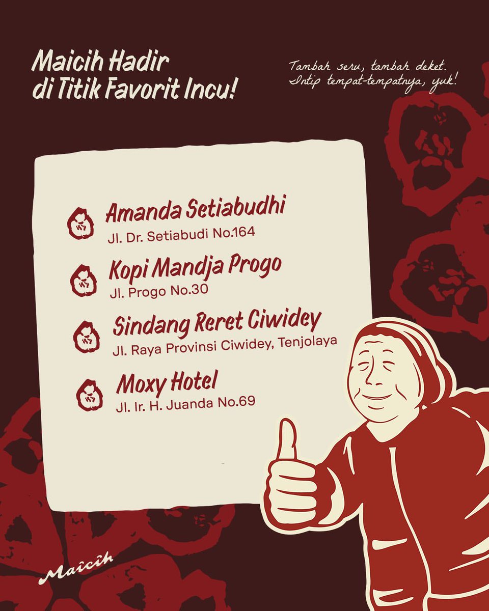 Pedasnya Maicih sekarang makin gampang kamu temuin, Cu! 🔥
Dari yang jajan oleh-oleh sampe staycation, Maicih udah nempel di titik-titik favorit Incu!

Tong hilap terus #JelajahiPedasRempah bareng Emak, yaa~