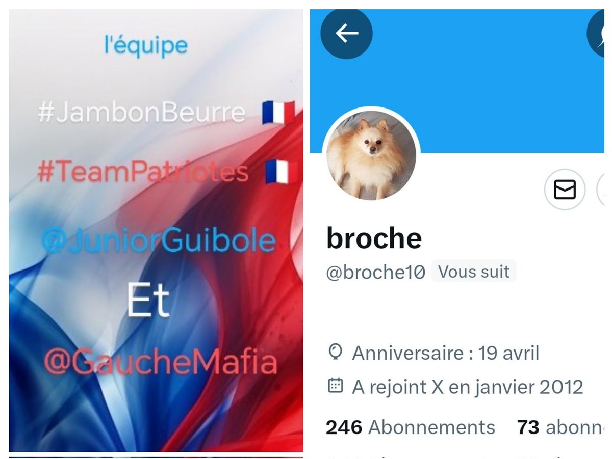 INFO🚨 Merci de partager !🚨
Mes amis abonnés😉
Ainsi que l'équipe #JambonBeurre #TeamPatriotes  🇨🇵 
Notre ami  <a href="/broche10/">broche</a>   👍
Aurait besoin d'un petit coup de pouce pour grossir sa TL!🥳
Et ainsi lui donner plus de visibilité ! Merci de vous abonner à lui !🙏
Et n'oubliez pas!😉