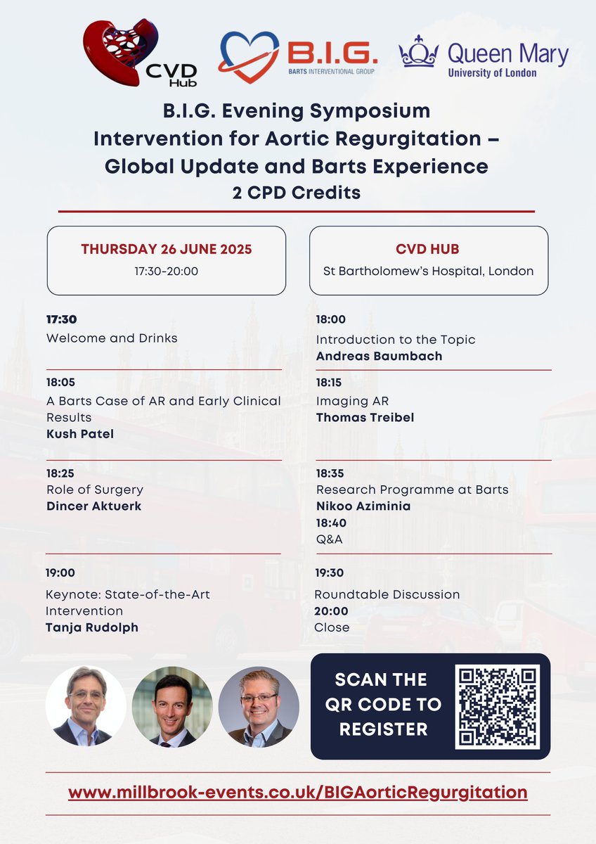 Registration closes at 5PM today!

Join us for the B.I.G. Evening Symposium: Intervention for Aortic Regurgitation – Global Update &amp; Barts Experience

📅 Thursday 26 June | 🕠 17:30–20:00
📍 CVD Hub, St Bartholomew’s Hospital, London
🎓 2 CPD credits
🗣 Featuring Prof. Tanja