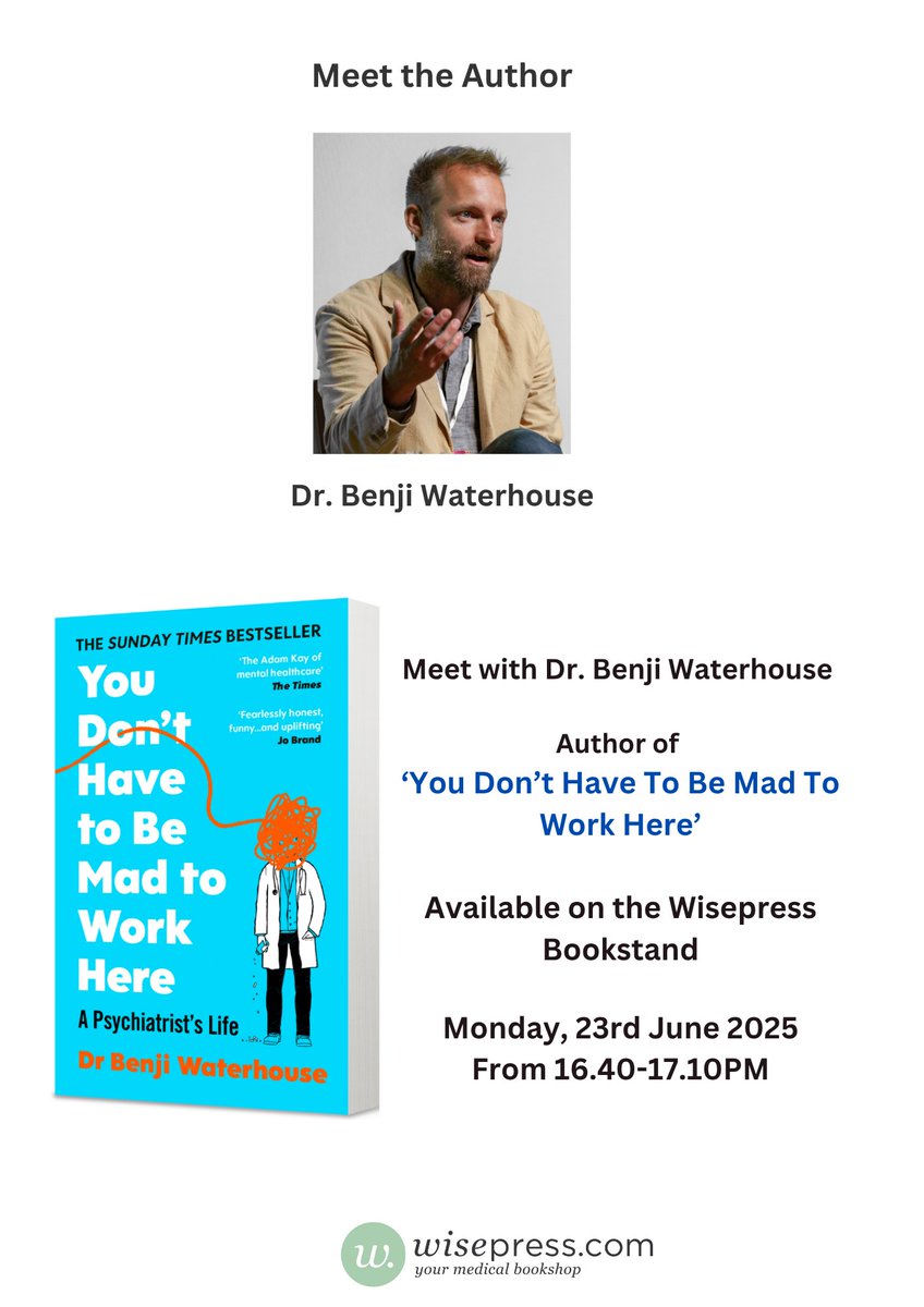 Wisepress Books (@wisepressbooks) on Twitter photo Are you at the <a href="/rcpsych/">Royal College of Psychiatrists</a> International Congress in Cardiff today?
Stop by the Wisepress stand to meet with Dr Benji Waterhouse to discuss his title "You Don't Have to Be Mad to Work Here: A Psychiatrist's Life".
At the Wisepress stand from 16:40- 17:10 pm.
We look forward to Are you at the <a href="/rcpsych/">Royal College of Psychiatrists</a> International Congress in Cardiff today?
Stop by the Wisepress stand to meet with Dr Benji Waterhouse to discuss his title "You Don't Have to Be Mad to Work Here: A Psychiatrist's Life".
At the Wisepress stand from 16:40- 17:10 pm.
We look forward to