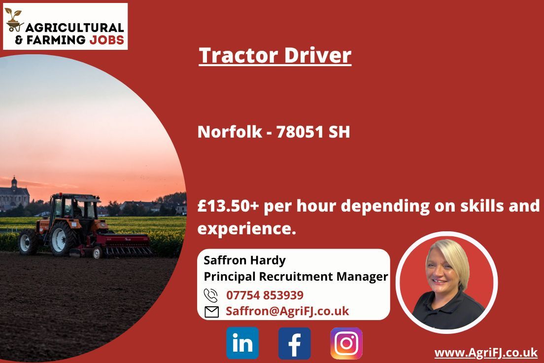 Agriculturaljob's tweet image. New Job Opportunity - Tractor Driver
📍 Norfolk
💰 £13.50+ per hour depending on skills and experience

If you or someone you know is interested, please contact Saffron on 📞 07754 853939 or 📧 Saffron@AgriFJ.co.uk

#agrifj #tractordriver #tractoroperator #arableoperator