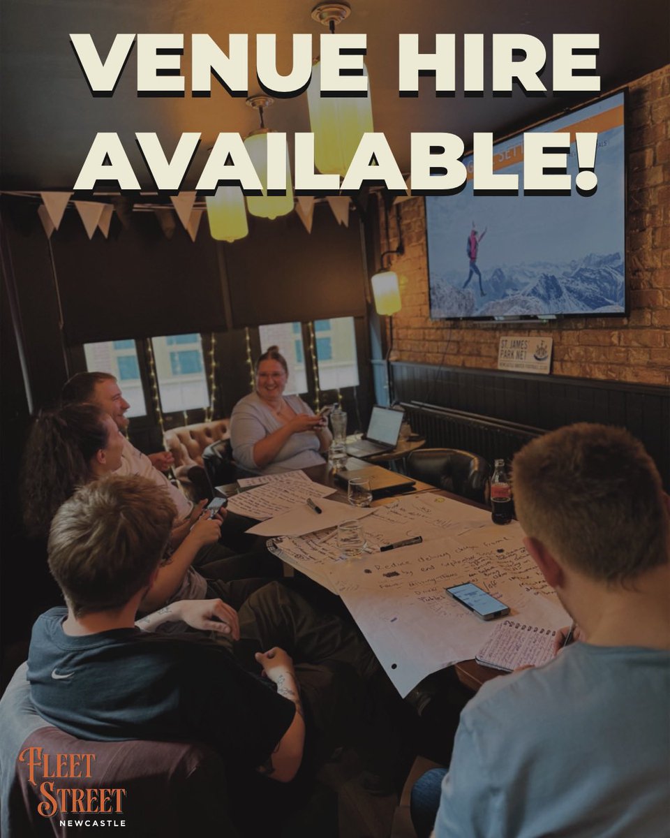 Looking for the perfect spot for your next meeting, party or event? 🎉
Fleet Street has venue hire available!
Whether it’s work or play, we’ve got the space, drinks and atmosphere to make it memorable.

📍 Enquire now via Hello@fleetstreetnewcastle.uk or pop in for a chat!