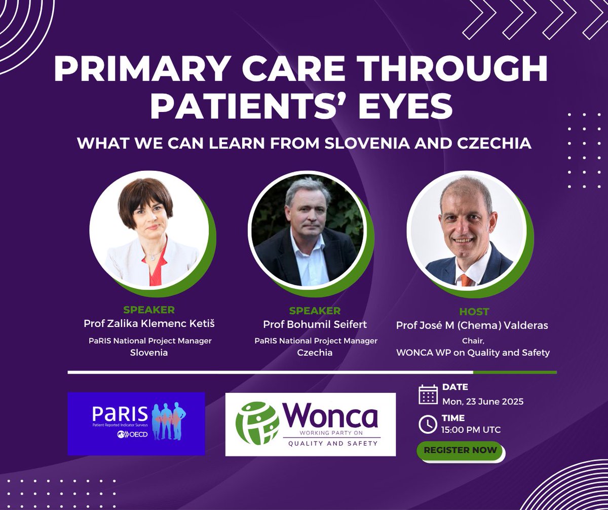 WONCA (@woncaworld) on Twitter photo ๐๏ธ Today at 15:00 UTC!
Join us to hear what patientsโ voices in ๐ธ๐ฎ Slovenia and ๐จ๐ฟ Czechia reveal about primary care quality.
Speakers: Prof. Klemenc Ketiลก & Prof. Seifert
๐ Register now: eu01web.zoom.us/meeting/registโฆ
#PaRIS #PrimaryCare #WONCA ๐๏ธ Today at 15:00 UTC!
Join us to hear what patientsโ voices in ๐ธ๐ฎ Slovenia and ๐จ๐ฟ Czechia reveal about primary care quality.
Speakers: Prof. Klemenc Ketiลก & Prof. Seifert
๐ Register now: eu01web.zoom.us/meeting/registโฆ
#PaRIS #PrimaryCare #WONCA