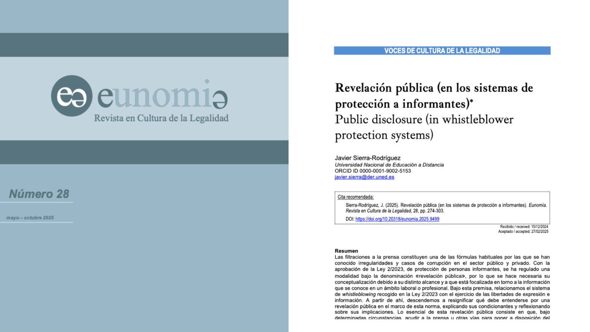 📢 23 de junio | Día mundial de la persona alertadora.

¿Qué es la “revelación pública” (en los sistemas de protección a informantes)?

📝 <a href="/sierramurcia/">Javier Sierra-Rodríguez</a> analiza esta "Voz" en el último núm. 28 de Eunomía.

🔗 doi.org/10.20318/eunom…

#Whistleblowers #corrupciones