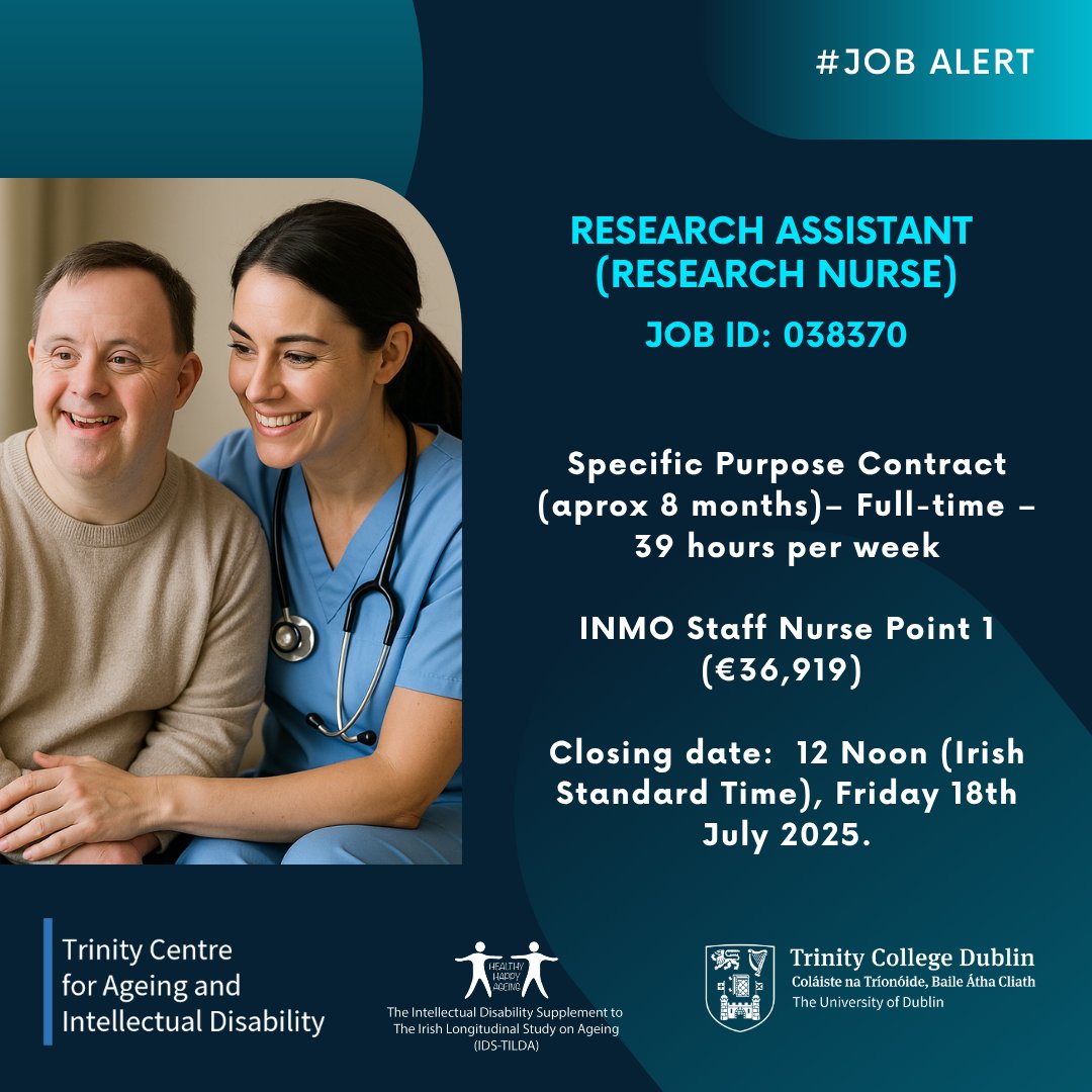 ageingwithID's tweet image. 🚨 We're Hiring! - IDS-TILDA Research Nurse🚨
Join the IDS–TILDA team at TCAID as a Research Assistant (Research Nurse) and make a real difference in the lives of older adults with intellectual disabilities.
🩺 This full-time role involves delivering a suite of Wave 6 Health…