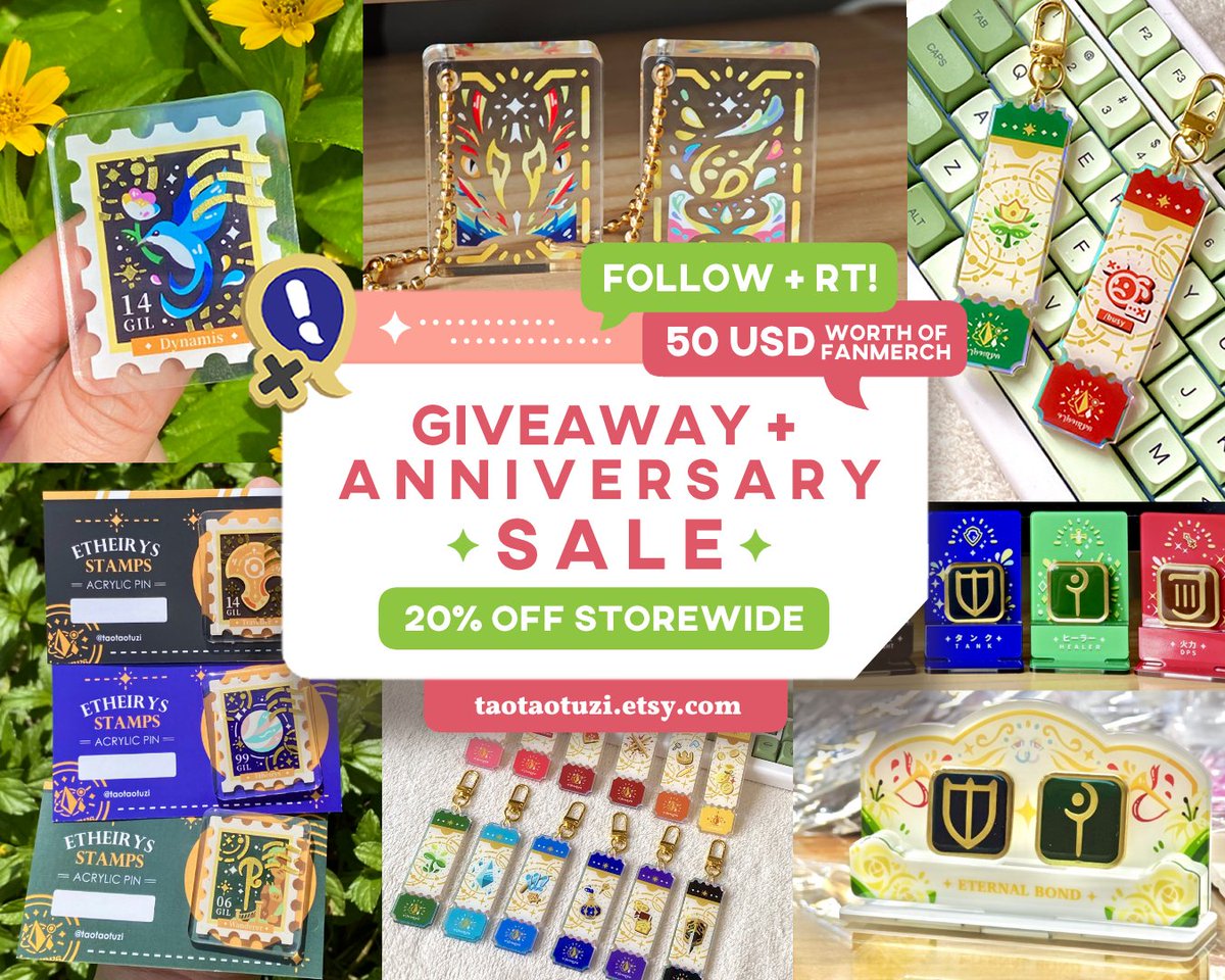 taotaotuzi's tweet photo. RT 💛 
It's the shop 's 1 Year Anniversary so I’m hosting a g1veaway + running a 20% storewide discount for a month! #FFXIV 

✨ Follow + RT 
✨ G1veaway Ends 8th July https://t.co/W3ngUHjoTM