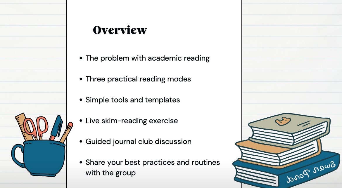 Last week I hosted a journal club+workshop on reading academic papers. We shared challenges, tips, and went through 2 papers together (one for skimming, one for deep reading). It was a great reminder that small shifts (in practice&amp;mentality) can make all work feel more manageable