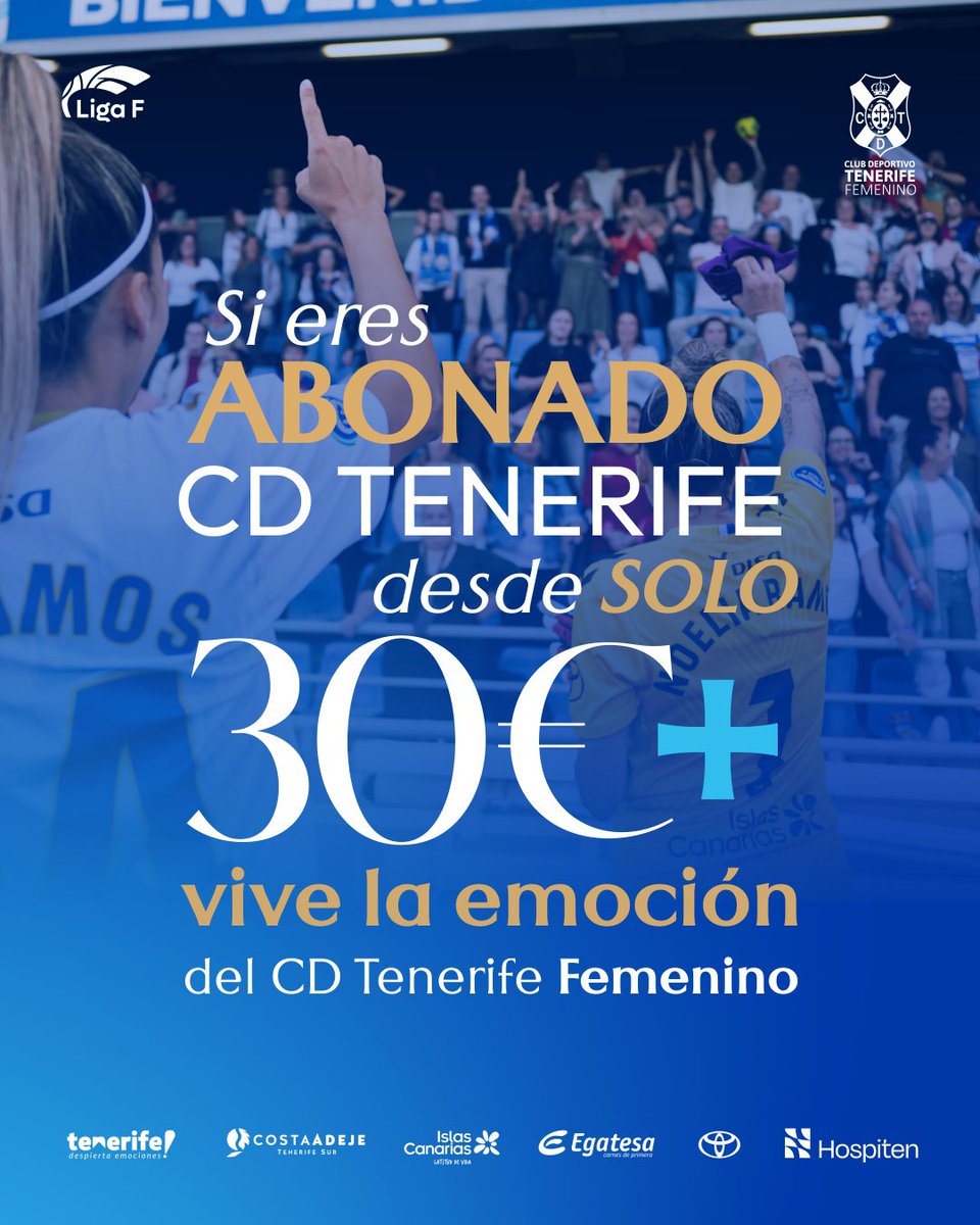 Costa Adeje Tenerife Egatesa (@udcatenerife) on Twitter photo 🤍💙 |CLUB|
¡Suma la emoción del fútbol femenino a tu abono! ⚽️✨
Disfruta de todos los partidos del Costa Adeje Tenerife, su filial de 1ªRFEF y toda la cantera desde solo 30€ más como abonado <a href="/CDTOficial/">CD Tenerife 🏴</a> 🏟️
🔜 Próximamente, campaña de abonos del CD Tenerife Femenino para la 🤍💙 |CLUB|
¡Suma la emoción del fútbol femenino a tu abono! ⚽️✨
Disfruta de todos los partidos del Costa Adeje Tenerife, su filial de 1ªRFEF y toda la cantera desde solo 30€ más como abonado <a href="/CDTOficial/">CD Tenerife 🏴</a> 🏟️
🔜 Próximamente, campaña de abonos del CD Tenerife Femenino para la