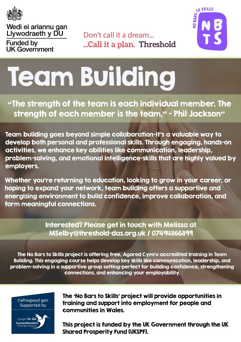 Threshold DAS (@thresholddas) on Twitter photo Looking to improve your communication, leadership, and problem-solving skills?
Our free Team Building course offers the perfect space to grow, personally and professionally.
See below for more information ๐๐ผ
<a href="/mhclg/">Ministry of Housing, Communities & Local Gov</a> <a href="/WalesOffice/">Wales Office</a> <a href="/CarmsCouncil/">Cyngor Sir Gรขr</a> #UKSPF #CyngorSirGar #CarmsCouncil Looking to improve your communication, leadership, and problem-solving skills?
Our free Team Building course offers the perfect space to grow, personally and professionally.
See below for more information ๐๐ผ
<a href="/mhclg/">Ministry of Housing, Communities & Local Gov</a> <a href="/WalesOffice/">Wales Office</a> <a href="/CarmsCouncil/">Cyngor Sir Gรขr</a> #UKSPF #CyngorSirGar #CarmsCouncil