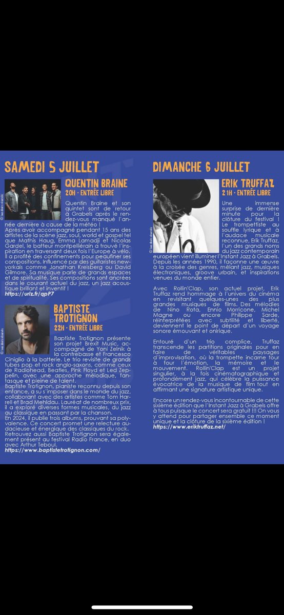 🎷 L’instant Jazz à Grabels 🎷

➡️ 4 soirées de jazz avec des artistes locaux et internationaux

➡️ Cadre enchanteur, buvette et food-trucks

➡️ Entrée libre (sauf pour la soirée du 4/07) et tout public 

👉Infos &amp; billetterie : facebook.com/LinstantJazz/