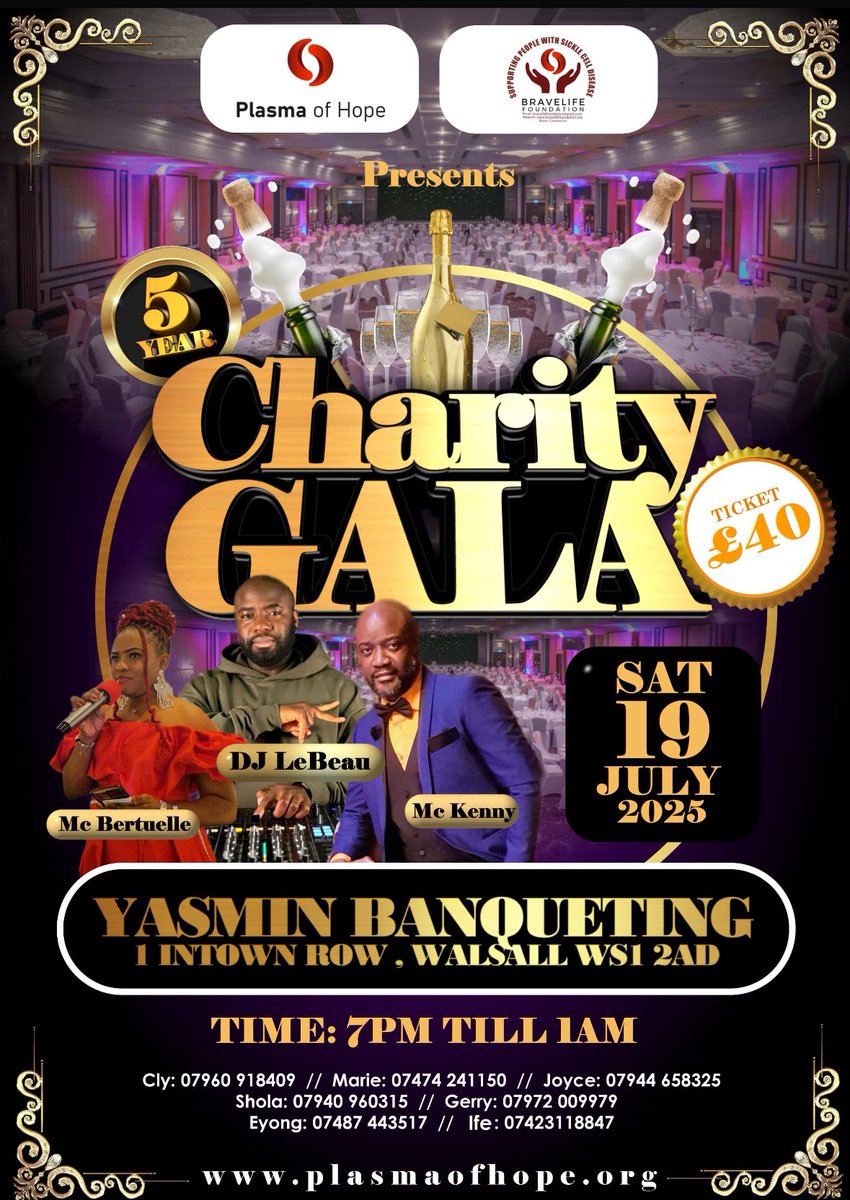 PlasmaofHope's tweet image. The 5 Year Charity Gala is here 🎉
Plasma of Hope x BraveLife Foundation
📍 Walsall | 19 July | £40
Music, purpose and impact all in one night.
Book now 👉 plasmaofhope.org

#CharityGala2025 #SupportSickleCell #CommunityMatters #WalsallEvents #PlasmaOfHope